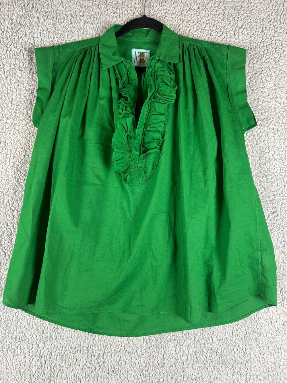 A Shirt Thing Relaxed Flowy Style Frayed Ruffles Green Cotton Top Size S